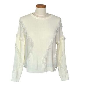 Line & Dot Ivory Gabi Fringe Trim Long Sleeve Pullover Sweater SzXS